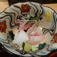 口福 みなみ - 造り盛り合わせ（アオリイカ，天然鳴門鯛，ニュージーランド産ホンマグロ大トロ）