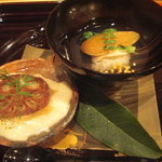 大神 - 【弐の膳】ぐじ(甘鯛)とからすみの飯蒸し、湯葉のすり流しと素揚げ蓮根。