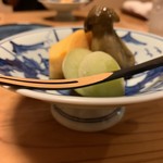 日本料理 たかむら - 小茄子の蜜煮、シャインマスカット、柿