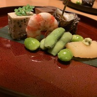 日本料理 たかむら - 玉子焼き、浅利と春菊の胡麻寄せ、枝豆、天然車海老のつや煮、衣かつぎ 、姫サザエ旨煮、新銀杏