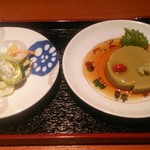 京小づち - 大和茶を練り込んだピーナッツ豆腐と酪を使ったサラダ