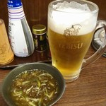焼き鳥たれや - エビス生と、お通し。少し飲んじゃってます(笑)