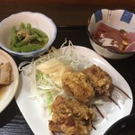 ささら - 十六ささげおひたし 鶏肉唐揚げ ハマチ刺身