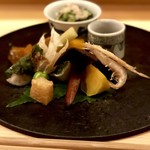 むろい - 八寸：苦瓜のお浸し・イクラ筋子・南瓜裏ごし・秋刀魚山椒煮・糸瓜・白芋茎・白海老・喉黒・アイヌ葱湯葉巻き・トロンボチーノ・ほど芋・他