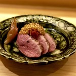 むろい - 強肴：鴨肉・トマトマスタード・空芯菜・田楽味噌