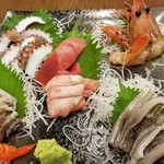 Kazuki - 特上のうてん､本マグロ､トリ貝､たこ刺､ボタン海老､太刀魚の炙り…刺身6点盛りは最高に美味しかった‼️
