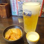 Yakitori Koubou - 生ビール中、お通し、最初の牛乳