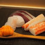 Sushi Senki - お造り盛り合わせ（サメガレイ、縁側、鯖、ズワイ蟹、塩水雲丹）