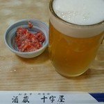 Sakagura Juujiya - 生ビールでスタート！こんときは一人でした。お通しはイカとなんだっけな。。。