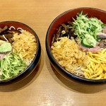 更科 - この「冷やしたぬき」の普通盛り（左）と大盛り（右）！一目瞭然ですが（笑）