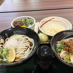 Hanamaru Udon - 冷やしぶっかけうどん中、冷やし坦々うどん小、塩豚丼セット、半熟玉子天