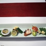 十勝川温泉 三余庵 - 前菜　活蛸柔らか煮　粟麩安倍川　白瓜土佐和え　カマス一夜干し　鰻巻き　トマトマリネ手毬寿司　自家製砂肝入りチーズ　インゲンマメ