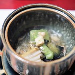 十勝川温泉 三余庵 - 煮物　鮑　冬瓜　小茄子　蟹餡　生姜　おくら