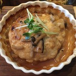 陽だまりcafe - 【豆腐ハンバーグ(オイマヨソース)：アップ】
この日のメイン。
ハンバーグ自体は淡白な味ですが、ソースがすごく美味しかったらしい。