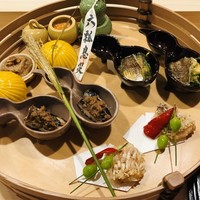 よし澤 - 八寸　海鼠腸　胡桃豆腐　カマス　グジ松毬焼き　秋刀魚