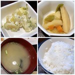 オタマシャモジ - ◆マカロニサラダは表面が乾いていました。 ◆ジャガ煮は個性的なお味付。 ◆ご飯はツヤがあり美味しい。 ◆お味噌汁には賽の目に切ったお豆腐入り。