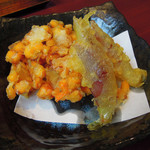 そば香房 佐吉 - コーンかき揚げ、茗荷天ぷら各150円(税別)