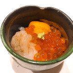 うを徳 - 羅臼の生いくらと礼文島の雲丹と富山の白えびの小丼