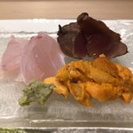 うを徳 - 能登 あら + 銚子 鰹 藁焼き + 噴火湾 馬糞雲丹