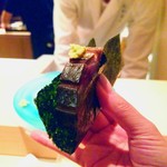 たかおか - 鯖の棒鮨。茗荷の歯ごたえが良かった