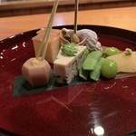 日本料理 たかむら - 玉子焼き 、バイ貝、枝豆 、浅利と春菊の胡麻寄せ、衣かつぎ、新銀杏、数の子