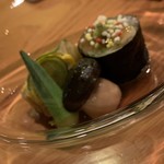 日本料理 たかむら - ミニオクラ、大黒しめじ、鯵の磯辺巻き、茄子と松茸のお浸し