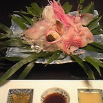 花仙庵 仙仁温泉 岩の湯 - 山里のお造り。それぞれ色々な食べ方で…。