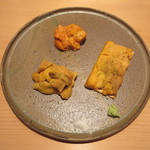 鮨 さかい - 海胆食べ比べ、唐津の赤海胆、奥尻の紫海胆、利尻の馬糞海胆