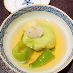 馳走 啐啄一十  - この美しい透明なお出汁！！一点の濁りも無く！！ああ。。。思い出しても涎が。炭火焼きの白茄子。万願寺唐辛子。ヨモギの生麩。