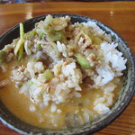 青竹手打ちらーめん 木挽亭 - 白飯にスープをブッ掛け･･･、