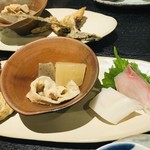 創作和食 北海岸 - 日本酒セットのおつまみ「お刺身と大根と豚肉の煮物」