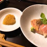 鳥田中 - 高坂鳥の白レバーとささみと泡醤油添え