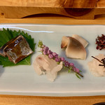 鮨井 - お造り:北海道産ホッキ貝、長崎県産アカヤガラ、淡路島産マナガツオ 富山県産白海老、北海道産新サンマ