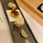 割烹 一楓 - 天ぷら：海老しんじょ、カボチャと栗、とうもろこし カボチャと栗のモチっとした食感。甘みがあります。 天ぷら、楽しい。