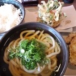 讃岐製麺 - かけうどん（大）・天丼御飯（大）・春菊の野菜かき揚・鶏の天ぷら