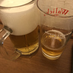 ギュートン軒 - 生ビール、「ごめんねー、泡多くなっちゃってー！」で追加のグラスビール