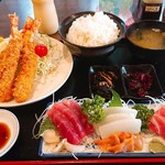 Saki - 海老フライ定食￥1200 刺し身付き ￥500 ご飯大盛り ￥100
