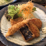 割烹 丸一 - ミックスフライ、エビ、白身、メンチカツ、ナス、カボチャ。