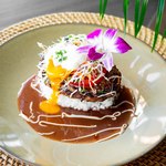 Loco moco with homemade gravy sauce served with warm egg