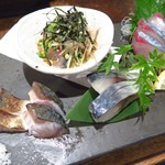 もつ鍋ながまさ - 右から 鯖刺、〆鯖、炙り鯖、胡麻さば