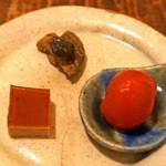 東白庵かりべ - 前菜　　茄子の辛子酢味噌漬、トマトの甘酢煮、鴨の煮こごり