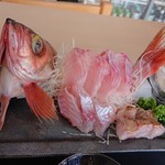おさかな海岸 - メバル刺し盛り。皮を炙ってるのもかなり美味しい。