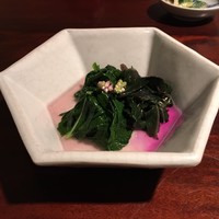蕎麦懐石 無庵 - 三種のおひたし（金時草、モロヘイヤ、蔓紫）