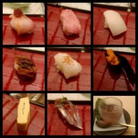 幸鮨 - 特上にぎり 3700円 左上から、かんぱち、トロ、コウイカ、うなぎ、目一鯛、ウニ軍艦、玉子、鯵、デザート（ピオーネの寒天ゼリー）