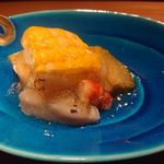 もと井 - 青ナスの揚げ出し、ホタテの貝柱、車海老、とうもろこしに酢橘のジュレがけ