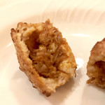 f - 山芋のフリット。秋田の様々な肉、フレッシュトマトとチーズ。繊維が柔らかくほぐれていく(*´∀｀*)