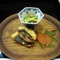 きよみず - 前菜　鯵一夜干・唐墨・分葱・焼椎茸・焼あげ・酢味噌和え