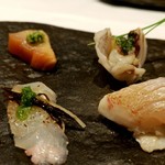 かわ村 - 連子鯛、大根、グリンペッパー
      石鰈、葱、昆布、生姜
      鯵、生姜、葱、ドライトマト
      新烏賊、数の子、大葉
      鰆、山葵、バジリコ