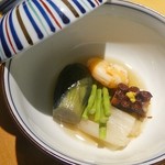 美酔蔵 和 - 小切り茄子、つの字海老、蛸柔煮、大角豆(ささげ)青煮、白芋茎(しろずいき)