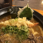 カレーうどん専門店 KAIUN - 奈良カレーうどん・・・えび天＋大葉と海苔の天ぷら、甘辛く味付けられたお肉、ネギです。